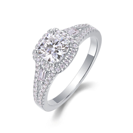 S925 Silver Moissanite with Baguette Side Stones Ring

