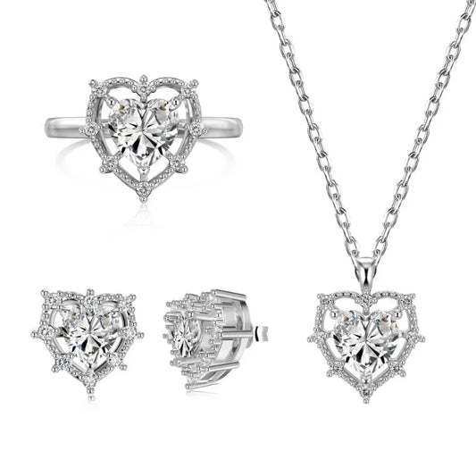 Silver-tone heart-shaped CZ ring and matching pendant on chain, pavé halo