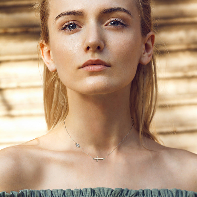 925 Sterling Silver Side Cross Necklace with Gemstone

