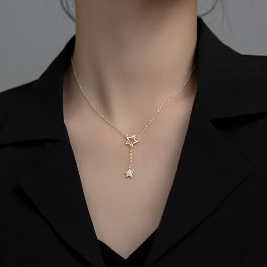 Open Star and Pave Star Drop Necklace
