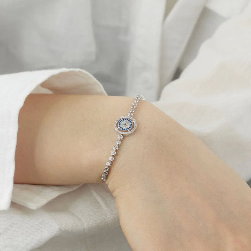 Blue and White Zirconia Evil Eye Bracelet

