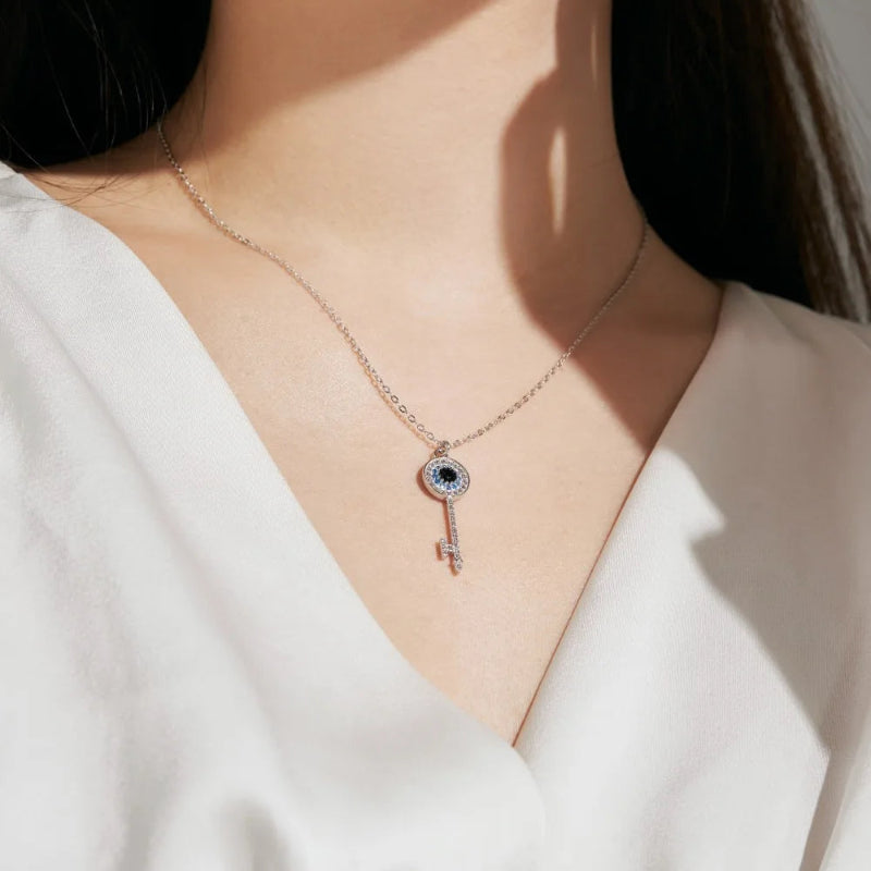 Silver Good Luck Key Necklace with Evil Eye

