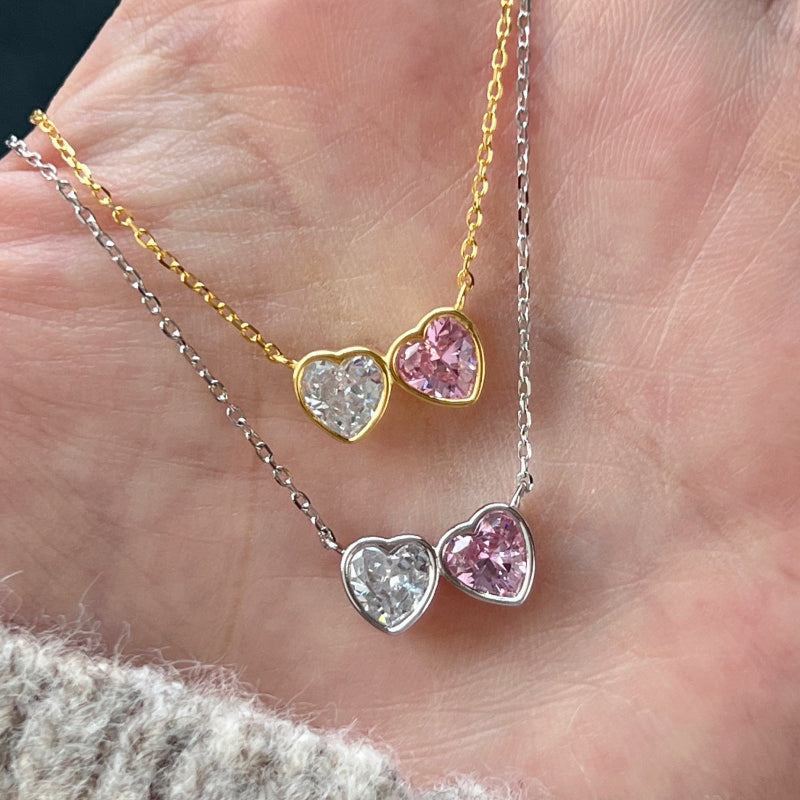 Pink and Clear Heart Duo Necklace

