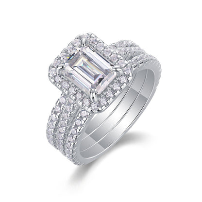 Sterling Silver Emerald Moissanite Engagement Ring with Bands

