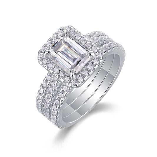 Sterling Silver Emerald Moissanite Engagement Ring with Bands

