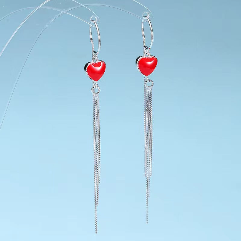 red heart enamel hook earrings silver