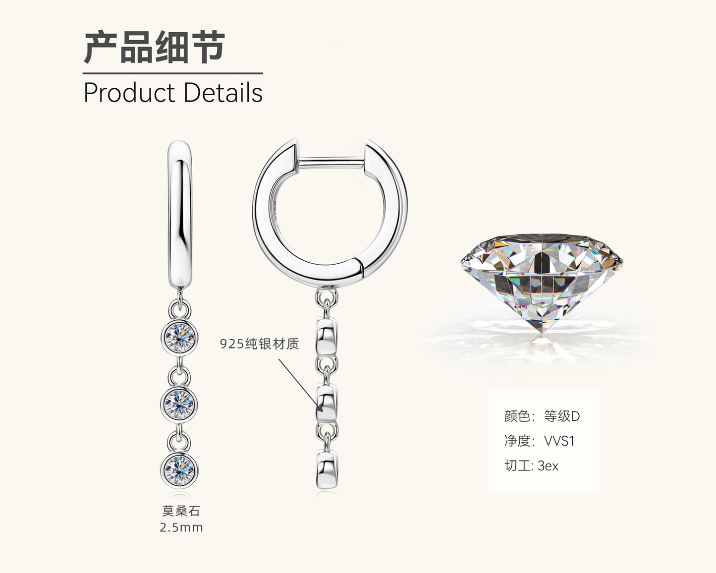 Classic Silver Moissanite Drop Hoops

