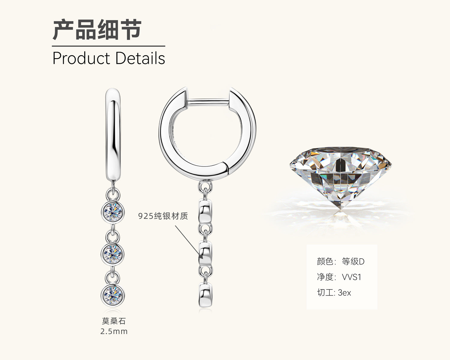 Classic Silver Moissanite Drop Hoops

