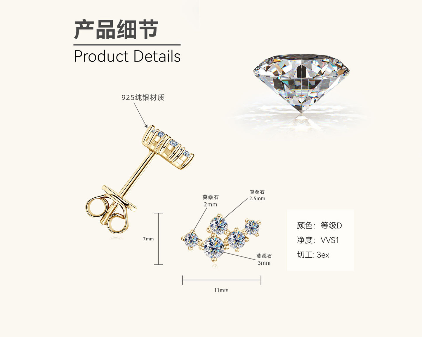 D Color VVS1 3EX Cut Moissanite Studs

