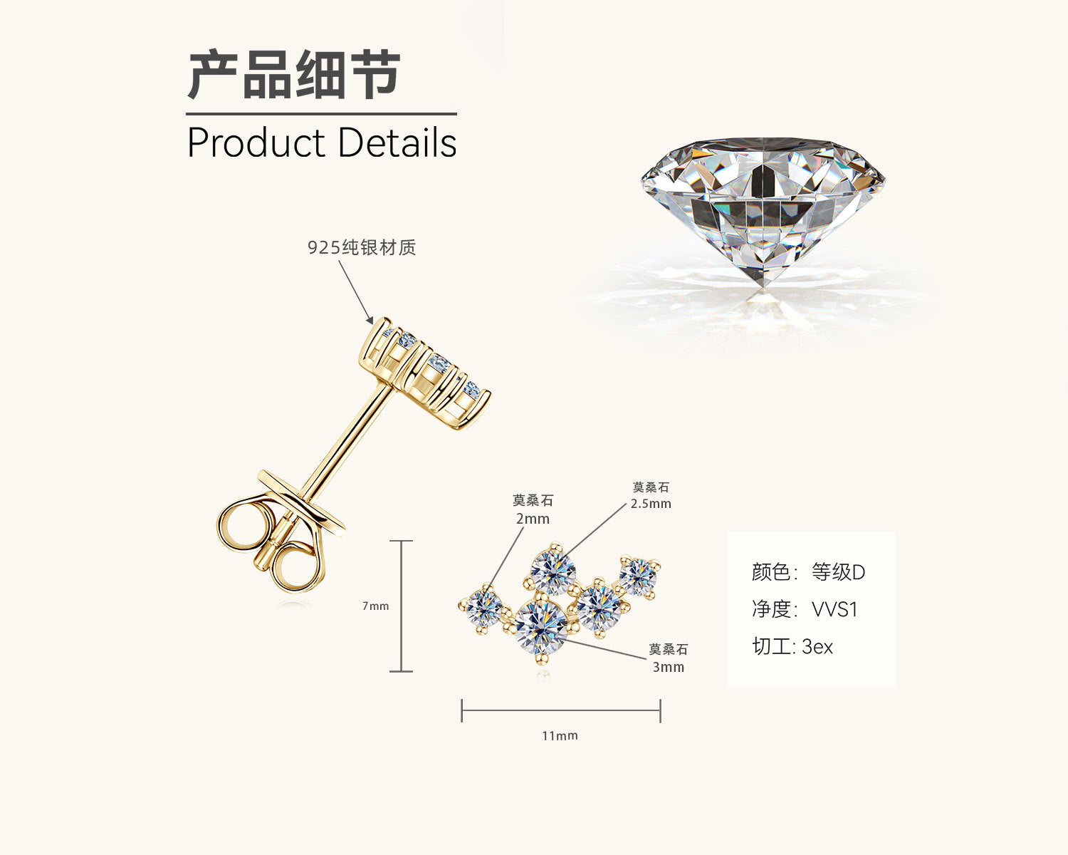 D Color VVS1 3EX Cut Moissanite Studs

