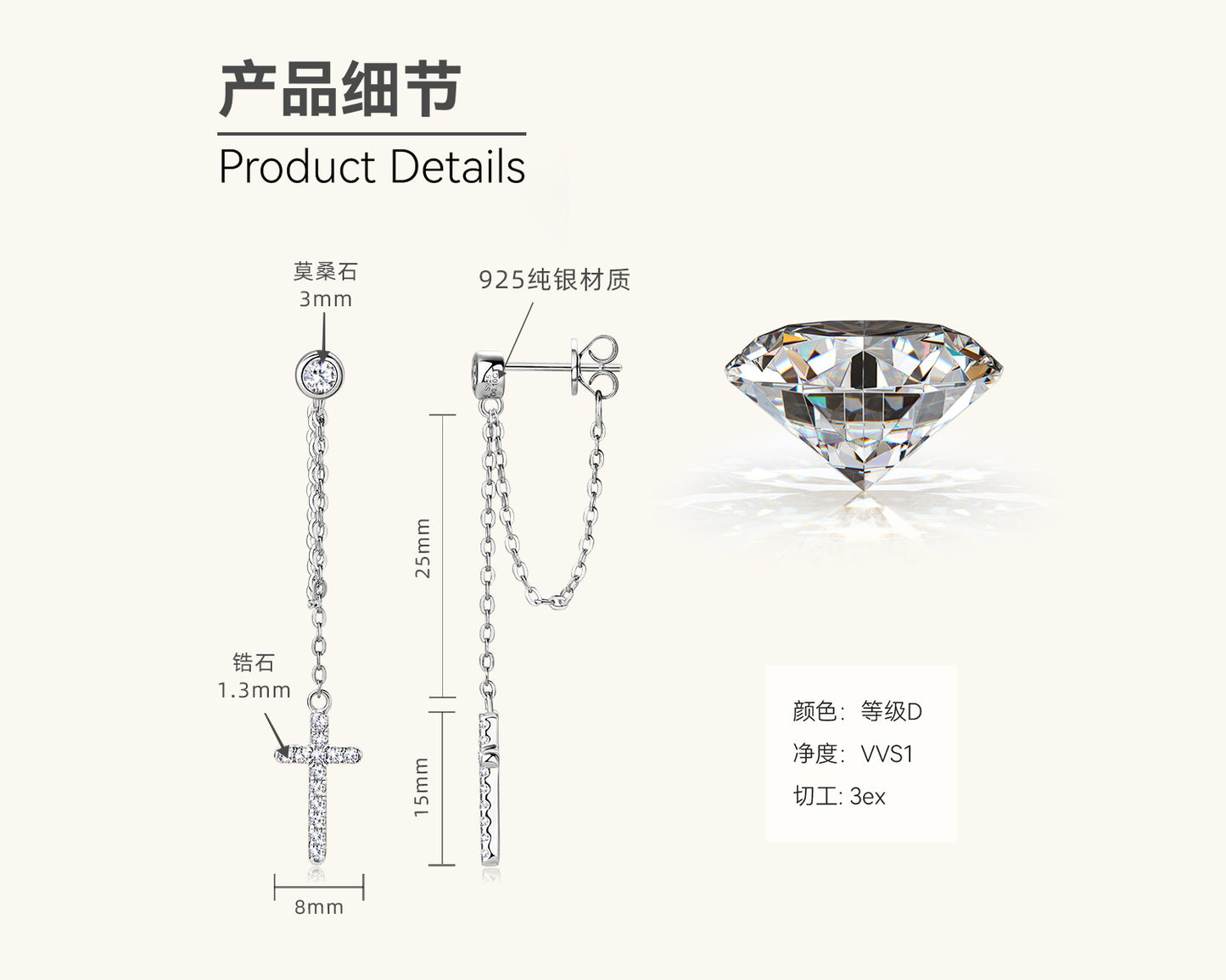 Hypoallergenic Silver Moissanite Chain Earrings

