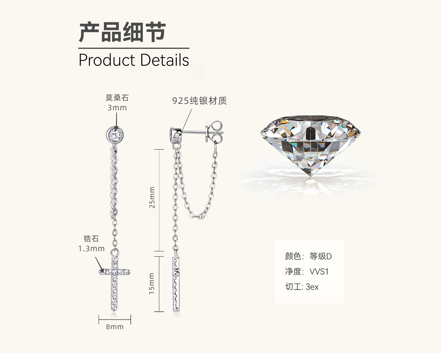 Hypoallergenic Silver Moissanite Chain Earrings

