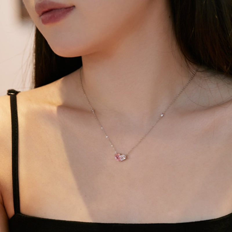 Pretty Pink & Clear Heart Gold Necklace

