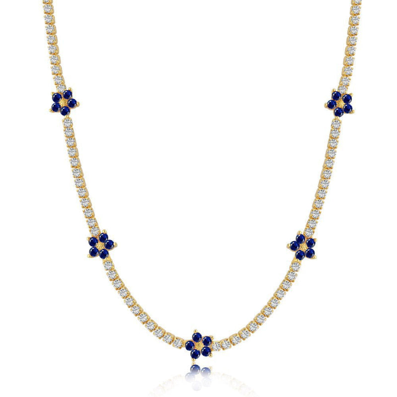 Delicate Floral Motif Tennis Necklace with Emeralds

