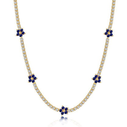 Delicate Floral Motif Tennis Necklace with Emeralds

