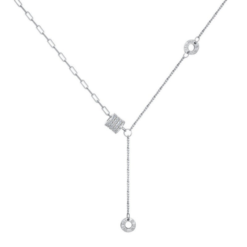 Sleek Silver Lariat with Cylinder Slider and Numbered Rings

