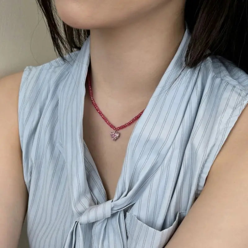 Deep Red Bead with Faceted Heart Necklace

