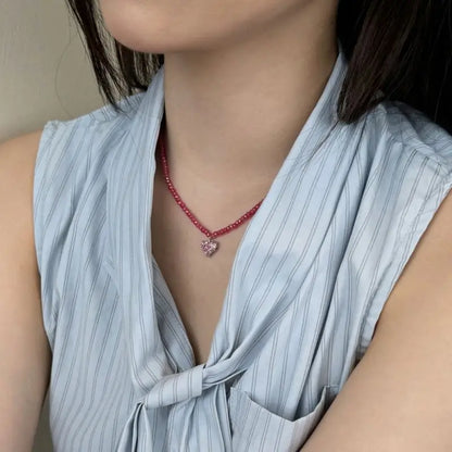 Deep Red Bead with Faceted Heart Necklace

