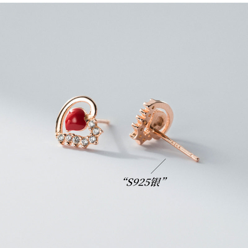 Rhinestone Border Red Heart Studs

