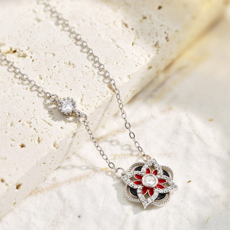 Petite Silver Four-Leaf Flower Necklace Featuring Red and Black

