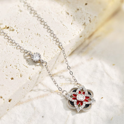 Petite Silver Four-Leaf Flower Necklace Featuring Red and Black

