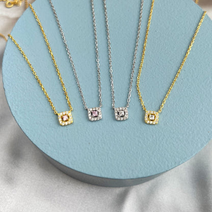 Dainty Pink Gemstone Halo Necklace

