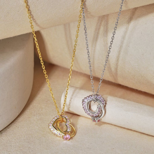 Dainty Gold Double Ring Pendant with Pink Zirconia

