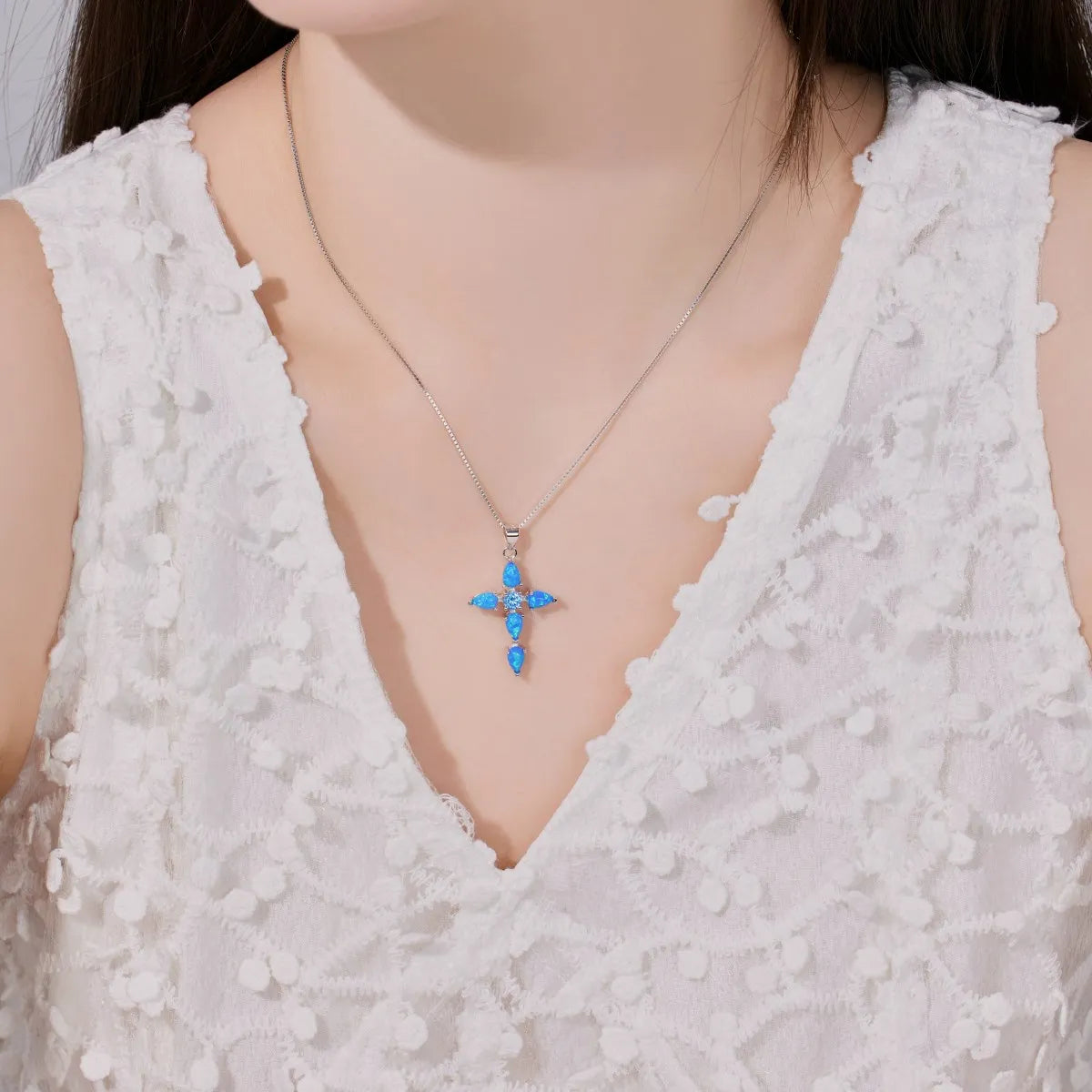 Blue Fire Opal Cross Pendant For Women