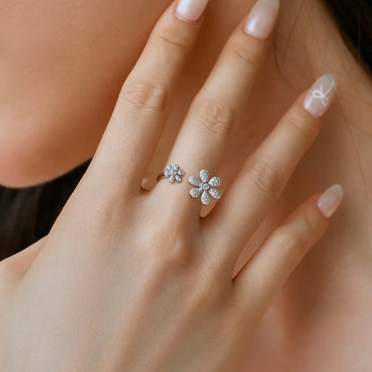 Zirconia Double Flowers Open Adjustable Ring