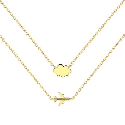 Airplane Cloud Chain Pendant 18K Gold Double Layered Necklace