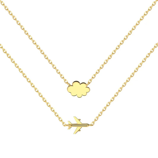 Airplane Cloud Chain Pendant 18K Gold Double Layered Necklace