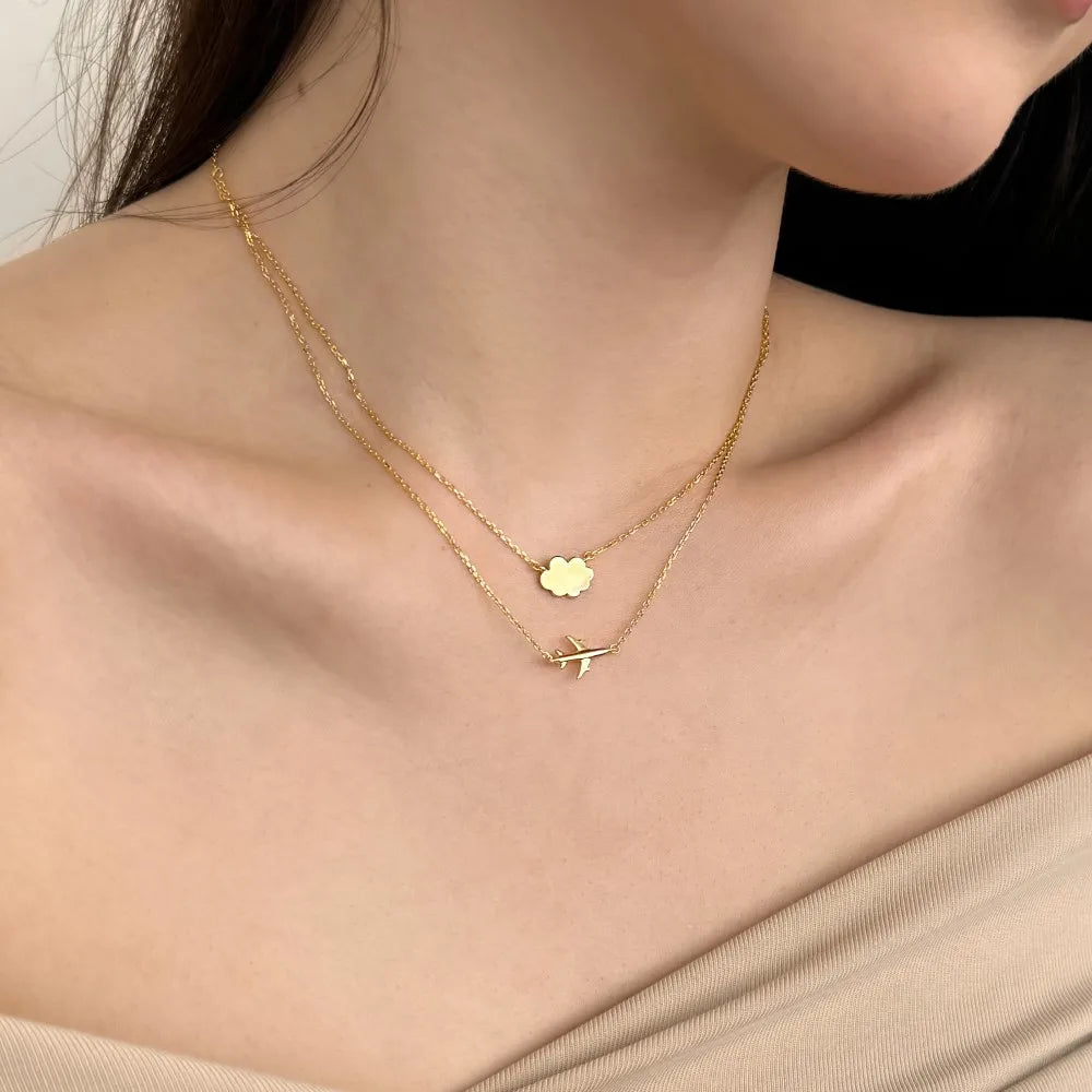 Airplane Cloud Chain Pendant 18K Gold Double Layered Necklace