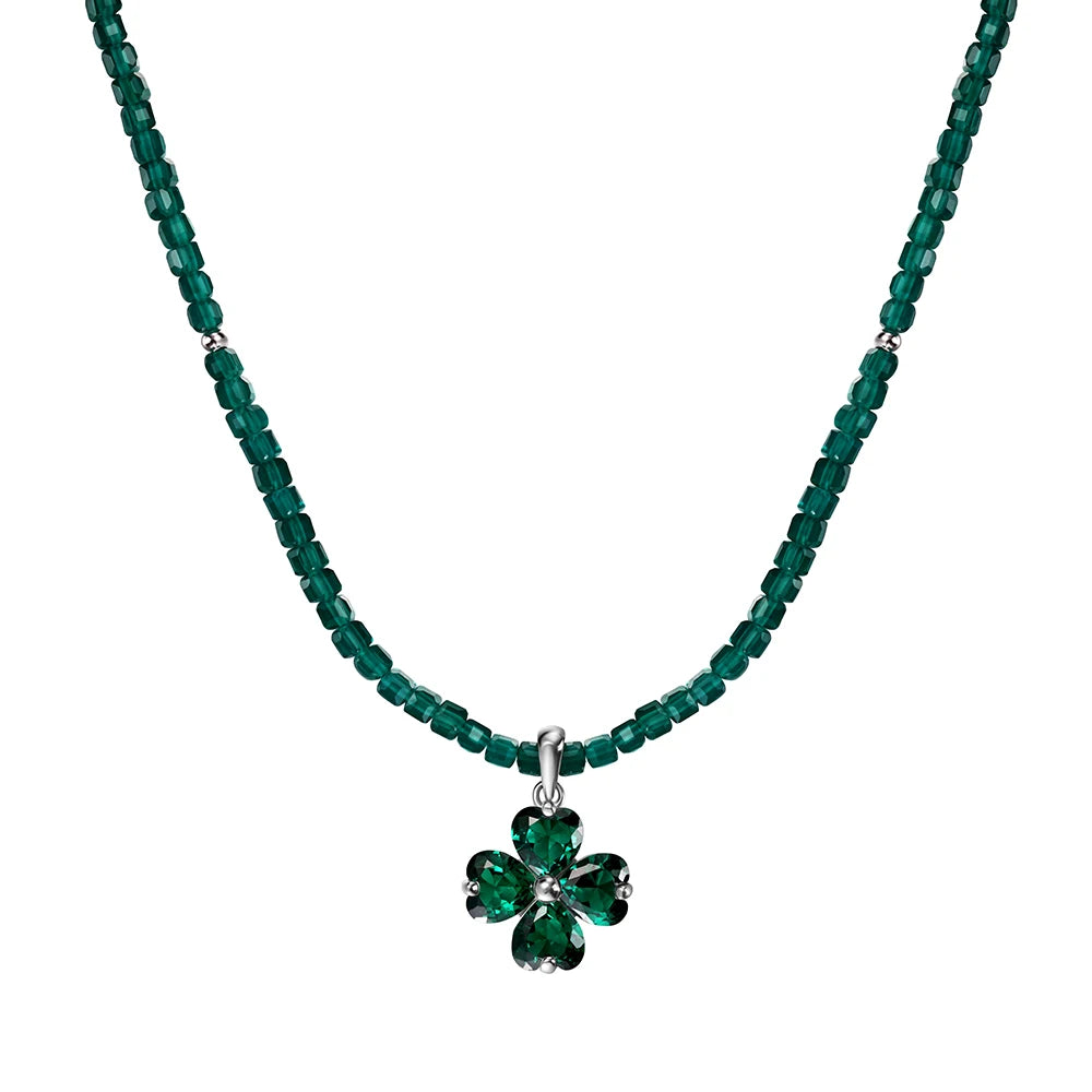 Beaded Chain Zirconia Four Leaf Clover Lucky Pendant Women