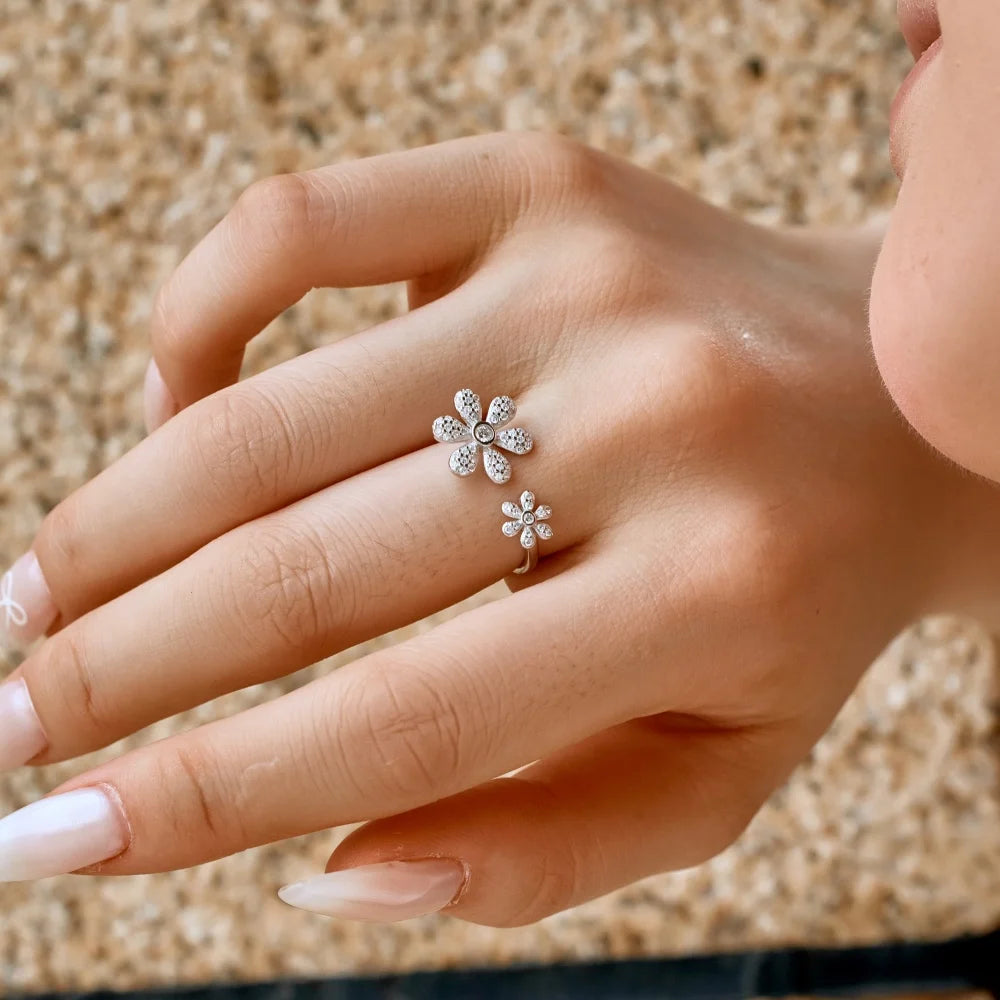 Zirconia Double Flowers Open Adjustable Ring