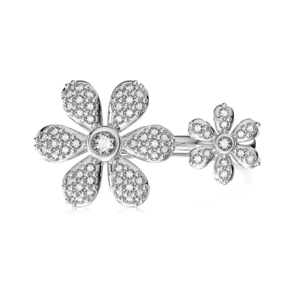 Zirconia Double Flowers Open Adjustable Ring