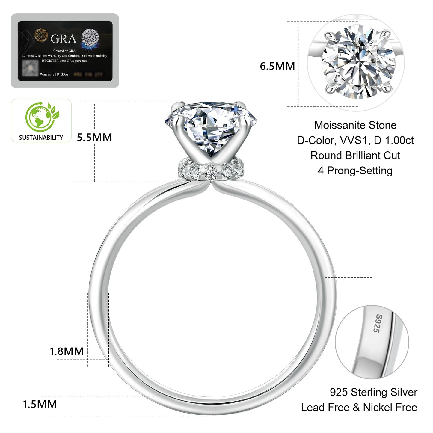 1.0CT Moissanite Rings for Women