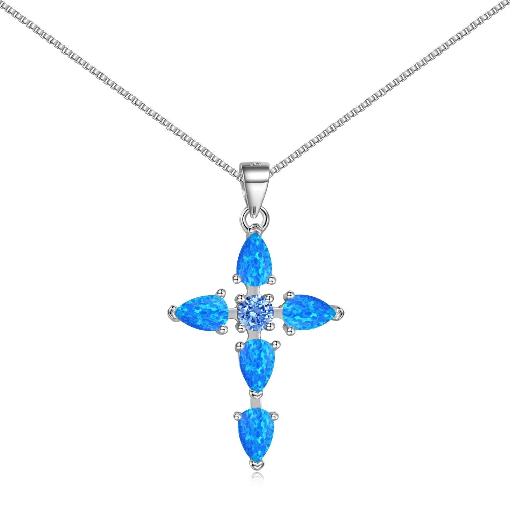 Blue Fire Opal Cross Pendant For Women