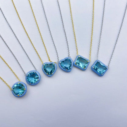 Blue Enamel Border Heart Necklace in Gold

