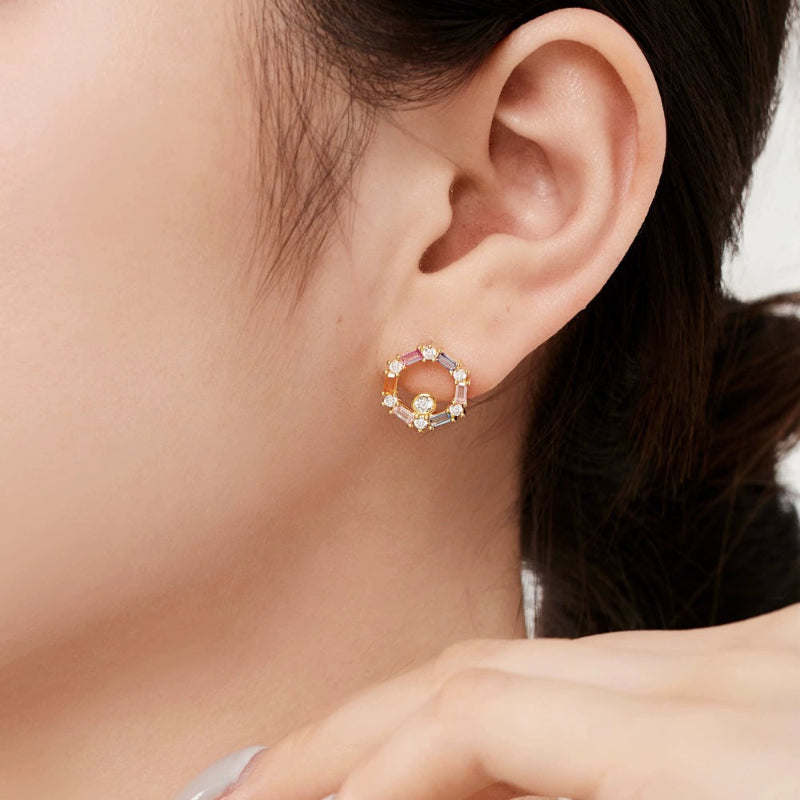 Baguette and Round CZ Hexagon Earrings

