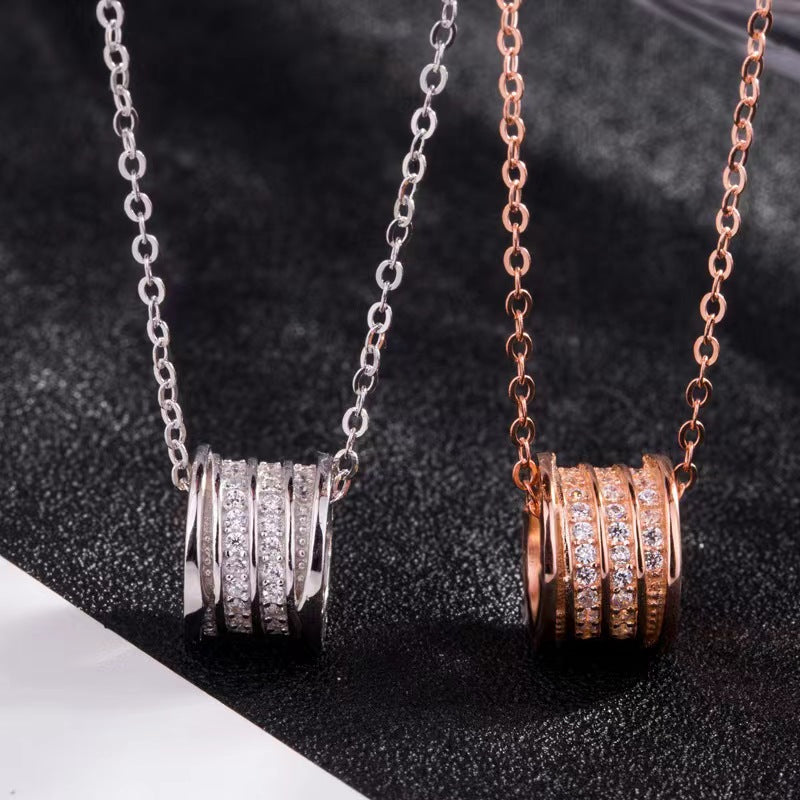 B.Zero1 s925 Sterling Silver Full Crystal Three Layer Round Cylinder Pendant Necklace For Women