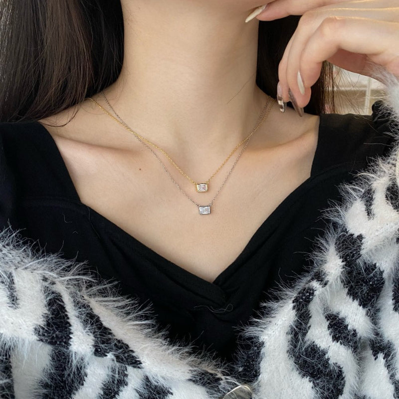 Refined Silver Simple Rectangle Solitaire Necklace

