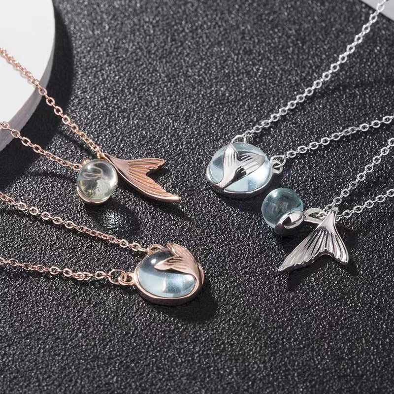 Mermaid Tail Tear Teardrop Whale Fish Tail Glass Ball 925 Silver Necklace