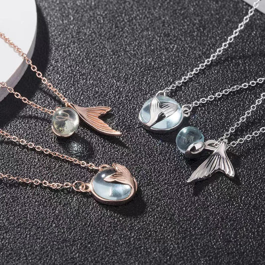 Mermaid Tail Tear Teardrop Whale Fish Tail Glass Ball 925 Silver Necklace