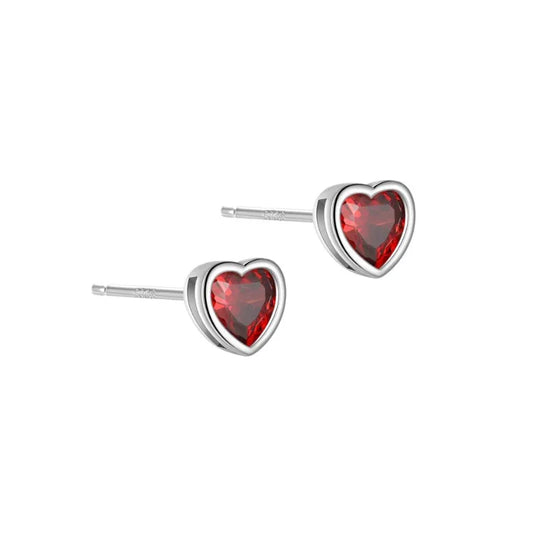 Red heart stud earrings in S925 silver heart frames with stud posts