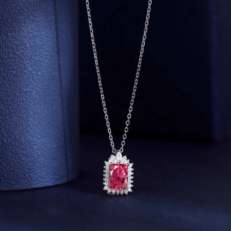 Delicate Silver Chain with Shimmering Rectangular Cut Pink Sapphire Simulant


