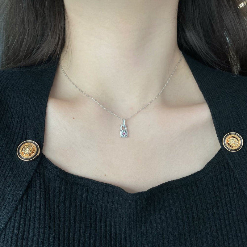 Delicate Silver Chain with Pave CZ Padlock and Colored Stone

