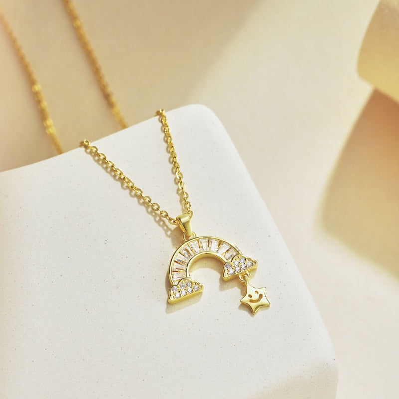 Delicate Silver Chain with Crystal Baguette Rainbow and Pave Clouds

