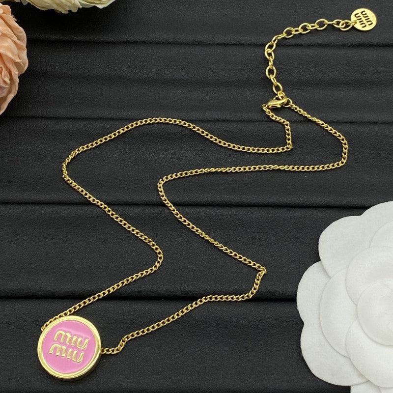 Miu Miu Gold Logo Enamel Necklace White Pink Black | JIMMY JEWELRY