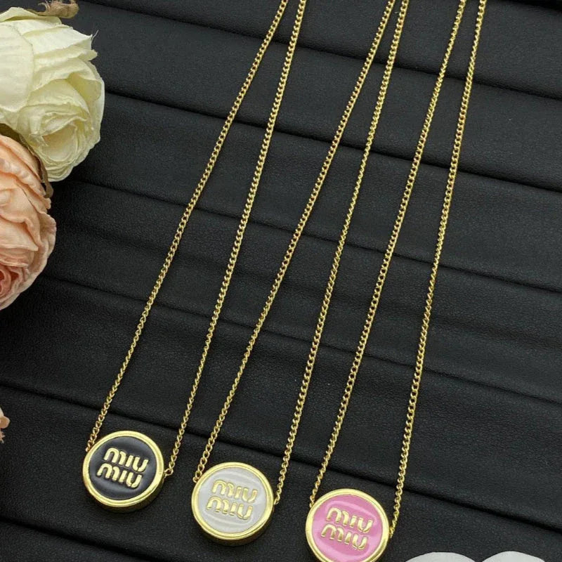 Miu Miu Gold Logo Enamel Necklace White Pink Black | JIMMY JEWELRY