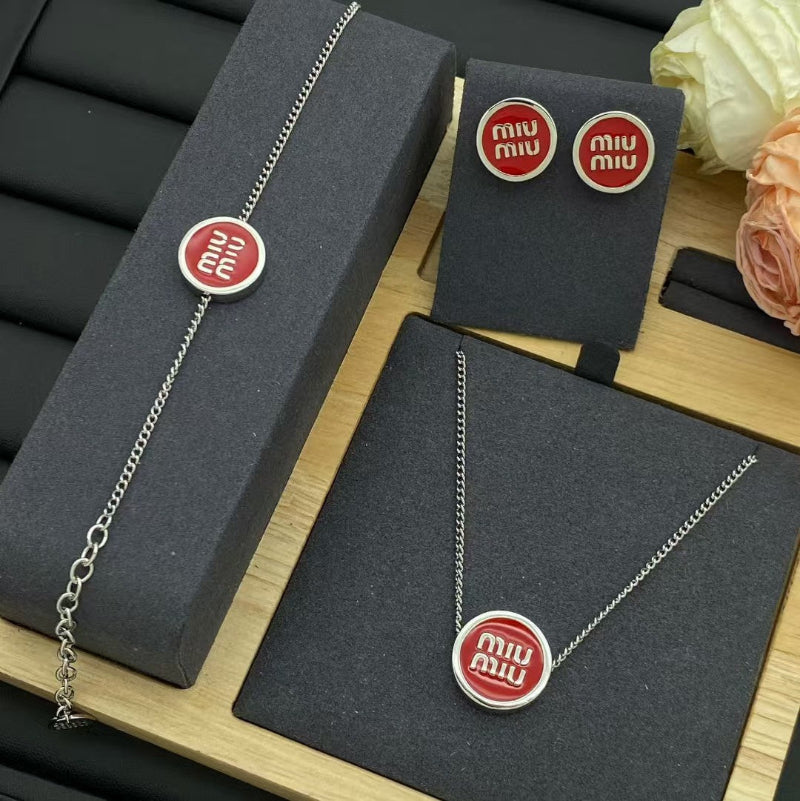 Miu Miu Red Enamel Logo Jewelry Set in Silver

